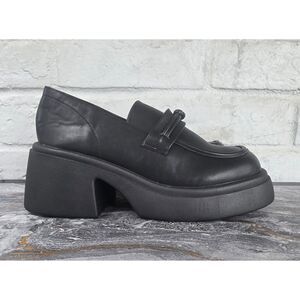 ALGF Black Chunky Platform Loafers Block Heel Penny Slip On Shoes Size 8.5